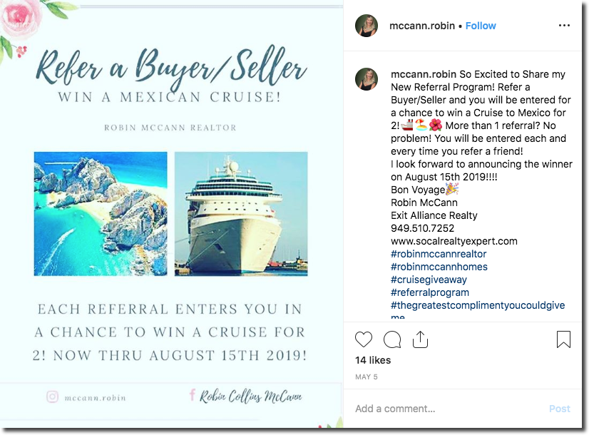 Screenshot of an Instagram giveaway to promote a cruise. The image shows a cruise ship and an isolated island beach. The caption explains that users join the prize draw when they refer a friend.