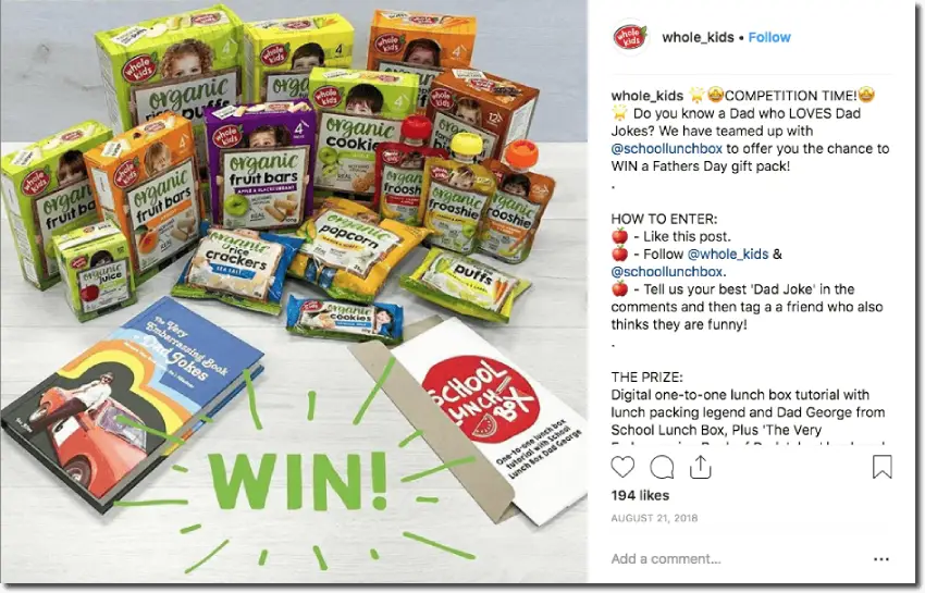 This healthy eating brand for kids ran a Father's Day giveaway on Instagram. Users commented with their best dad joke to win a collection of snacks and books, shown in the image. Father's Day Instagram giveaway idea for 2021.