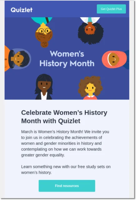 educational daily trivia quiz organized by quizlet about women's history month