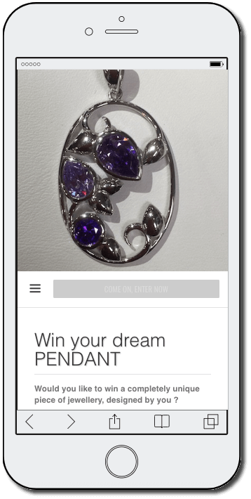 A jewelry promotion on a mobile device. The image shows a silver and amethyst pendant. The text reads: "Win your dream pendant. Would you like to win a completely unique piece of jewellery, designed by you?"