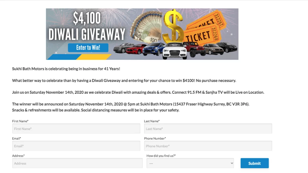 Diwali entry form giveaway