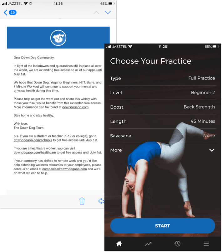Marketing in quarantine. Down Dog yoga app and their free subscription.