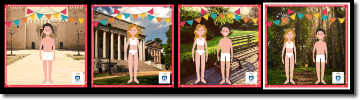 scenes app example dress up game, different background of the scenes application presenting characters that needs to be dressed