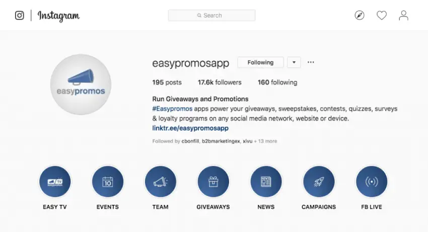 Screenshot of the Easypromos Instagram page, with highlights labelled Easy TV, Events, Team, Giveaways, News, Campaigns, and FB Live.