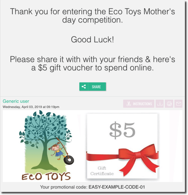 A coupon reward for entering a World Health Day quiz. The text thanks users for entering and offers them a $5 voucher to spend online.