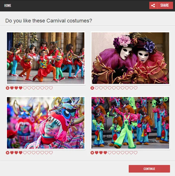 Screenshot of a survey about carnival costumes. There are 4 photos of different costumes. Users rate the photos with 1 to 9 heart symbols.
