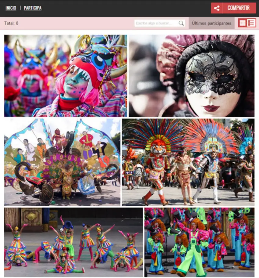 Image of a photo gallery in the carnival costume contest. There are 6 photos of brightly colored masks and outfits.