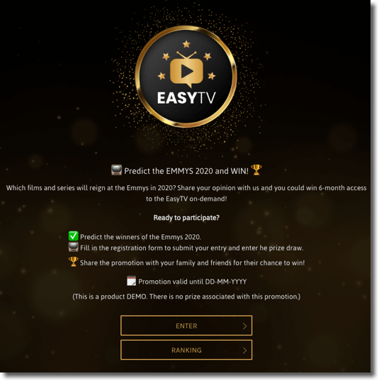 screenshot of emmys predictons contest on social media. users predict winners of each category for a chance to win 6-month access to the easytv on demand. screenshot of a demo.
