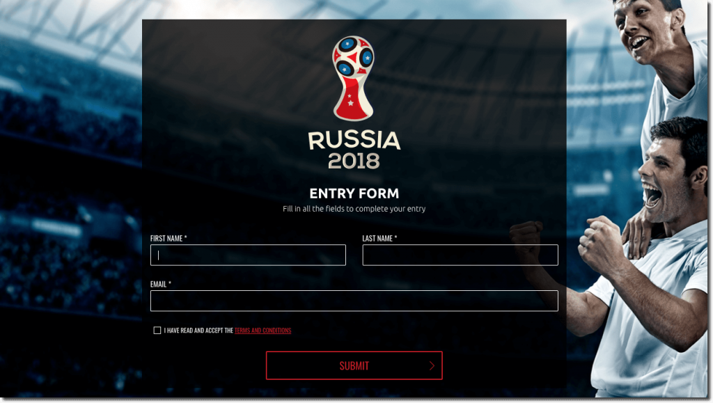 Screenshot of a World Cup predictions contest entry form. Users are asked for their full name, email address, and consent to terms and conditions.