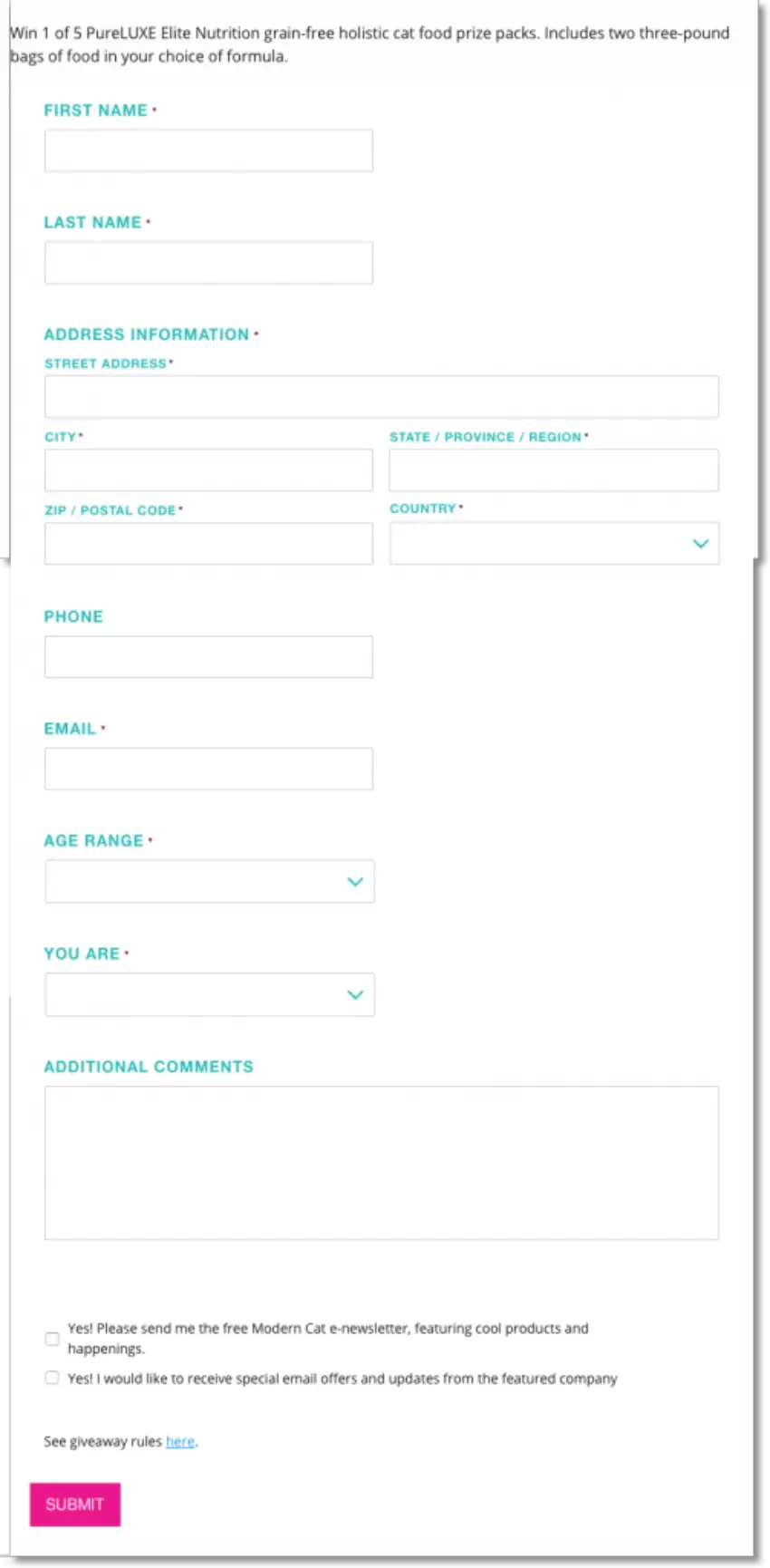 Screenshot of registration form for the cat food prize draw. Users share their contact details, age and gender. They have the option to subscribe to the newsletter and receive special offers.