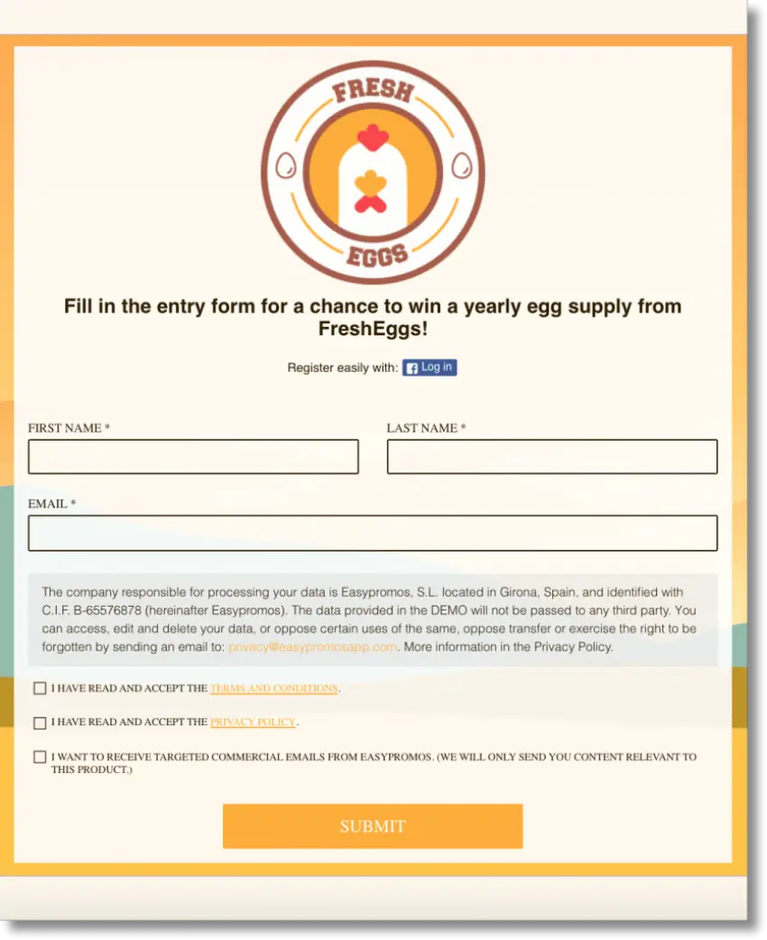 A registration form from an online Easter egg hunt from Easypromos. 