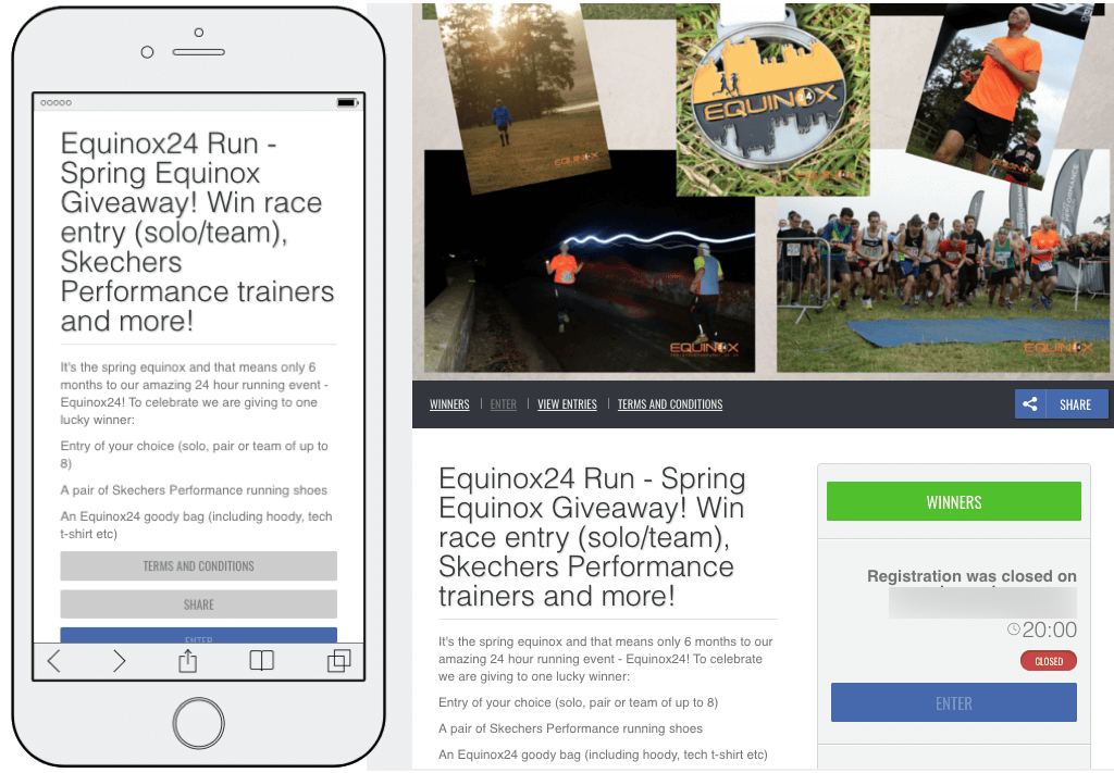Mobile and desktop screenshots from a spring giveaway for a local sports event. Users share their contact details for the chance to win a marathon entry, goody bag and running shoes.