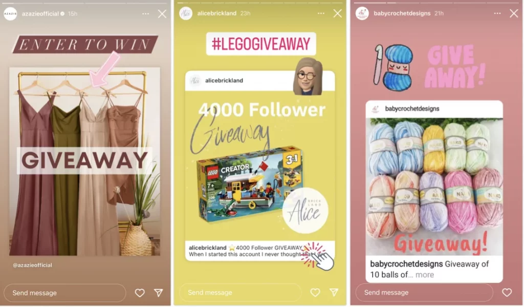 Three examples of how Instagram Stories can be used to promote comment giveaways on Instagram