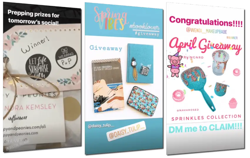 3 examples of Instagram Stories to announce winners.