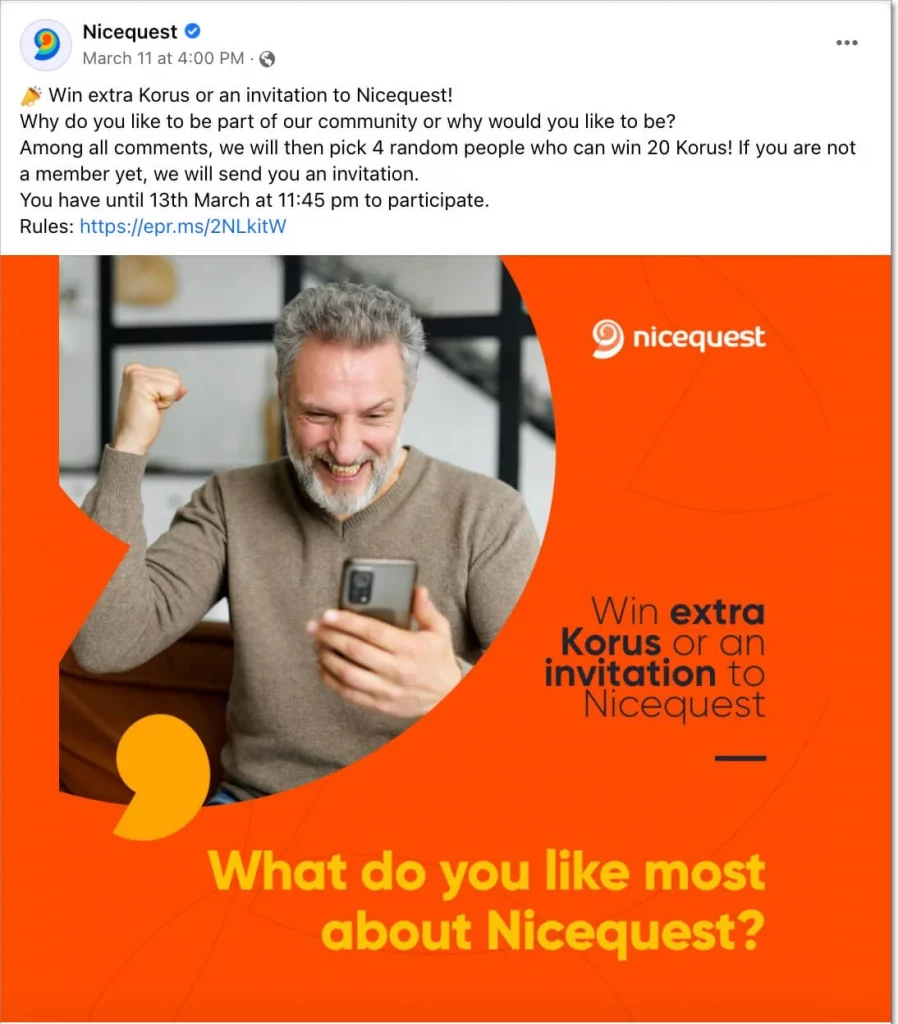 Facebook giveaway organized by Nicequest for their private community