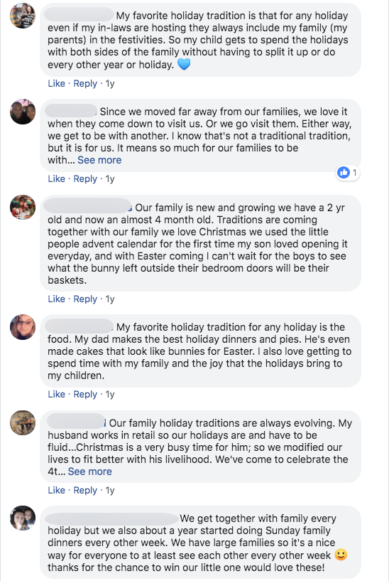 Screenshot of comments from the Facebook giveaway. Responses include "my dad makes the best holiday dinners", "we get together with family every year", and "with Easter coming, I can't wait for the boys to see what the bunny left".