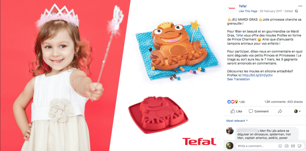A Mardi Gras giveaway on facebook. The image shows a little girl dressed as a princess, a frog-shaped cake, and a frog-shaped cake mould. The caption describes how to take part, in French.