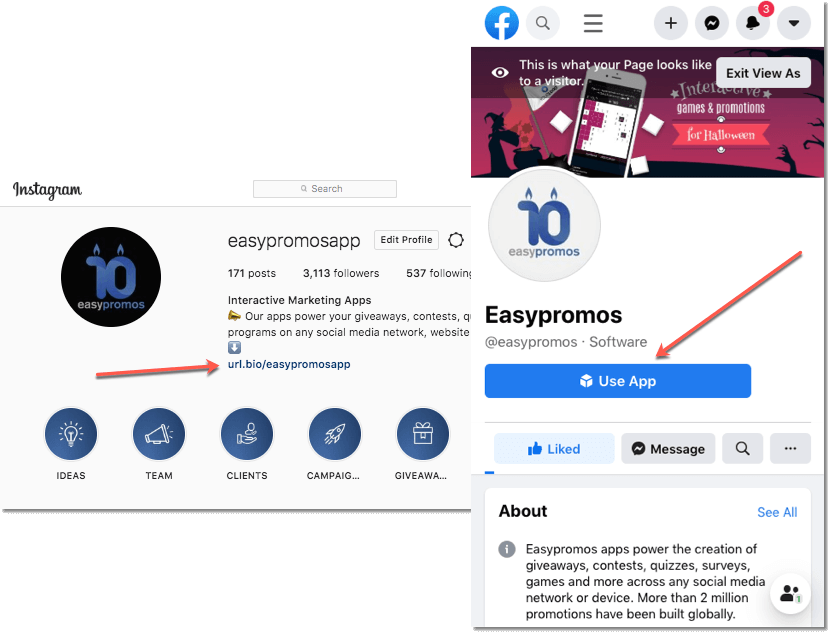 screenshot of the Facebook call to action button and Instagram link in bio. How to share promotions on social media