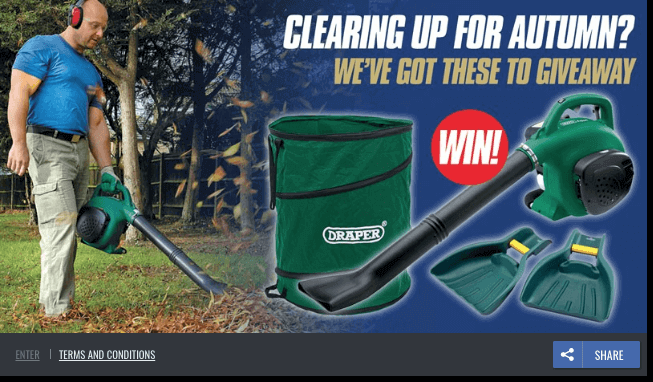 Fall giveaway ideas: gardening tools. This example shows photos of a man working with a leafblower and other tools. The overlay text reads, "Clearing up for autumn? We've got these to give away. Win!"