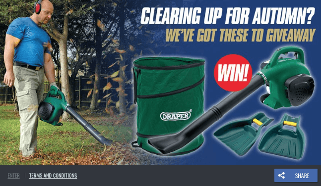Fall giveaway ideas: gardening tools. This example shows photos of a man working with a leafblower and other tools. The overlay text reads, "Clearing up for autumn? We've got these to give away. Win!"