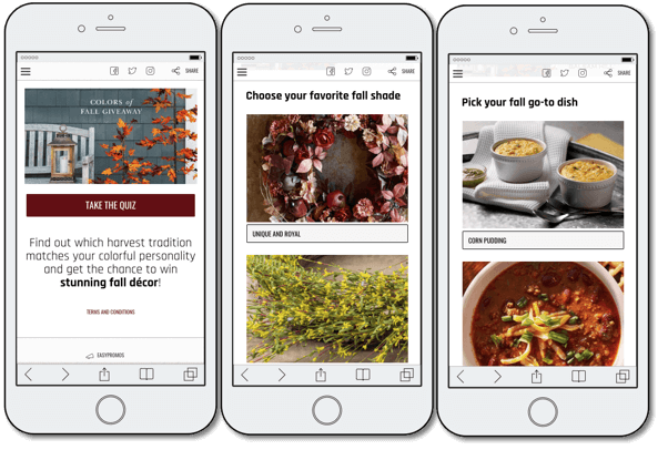 Mobile screenshots of a fall giveaway and quiz. Users are asked to pick their favorite fall color, fall dish, and so on in order to find out their "fall personality" and join a prize draw for fall decorations.