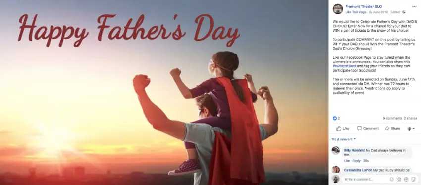 Example of Father's Day giveaways on Facebook. The photo shows a small girl sitting on her father's shoulders. They are both wearing "superhero" capes and masks, and watching the sunset. The text overlay reads, "Happy Father's Day".