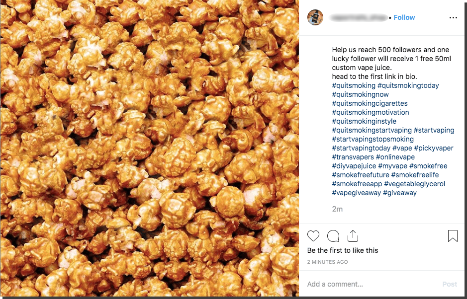 Screenshot of a fake Instagram giveaway. The account says it will only release the prize when it has acquired 500 followers.