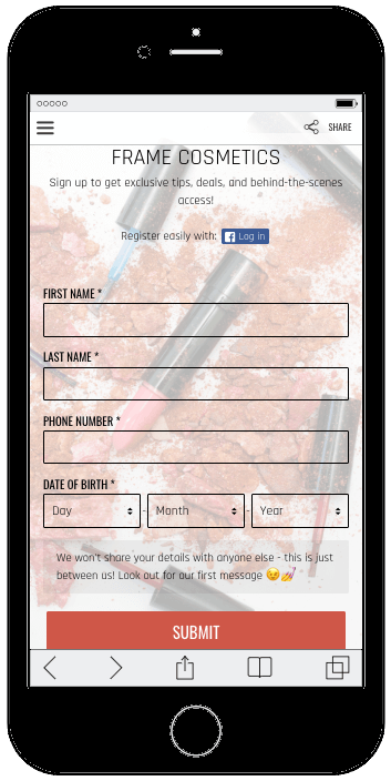 Mobile screen displaying a sign-up form which asks for first name, last name, phone number, and date of birth.