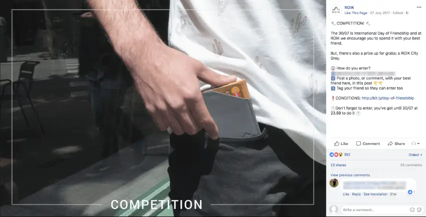 Screenshot of a Facebook photo contest for Friendship Day. The main image shows someone reaching into their pocket to pull out a wallet. The caption invites people to share a photo with their best friend for the chance to win the featured wallet.