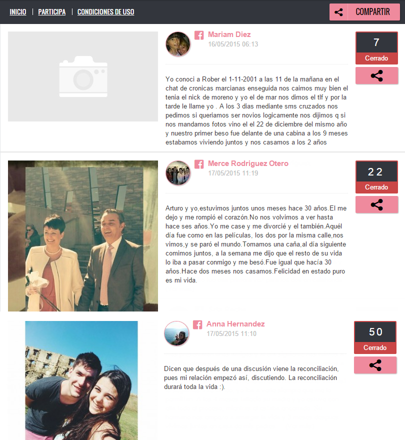 Screenshot of competition entries. Each entry has a photo of the couple, next to a short text telling their story. Buttons display the number of votes which each story has received.