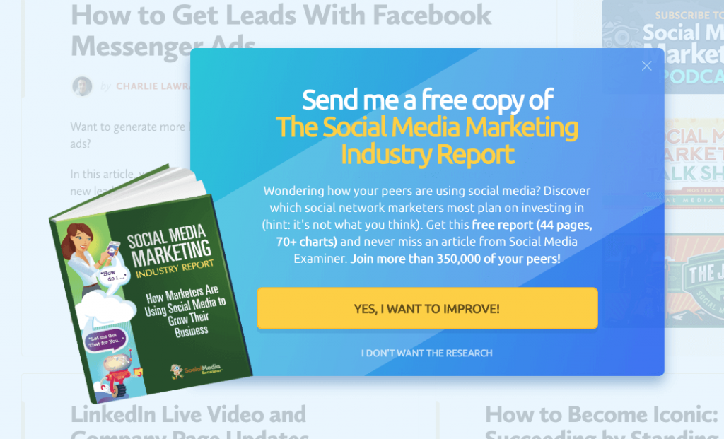 An example of gated content. A pop-up invites users to download the Social Media Marketing Industry Report. They must click through to a sign-up page to get the download.