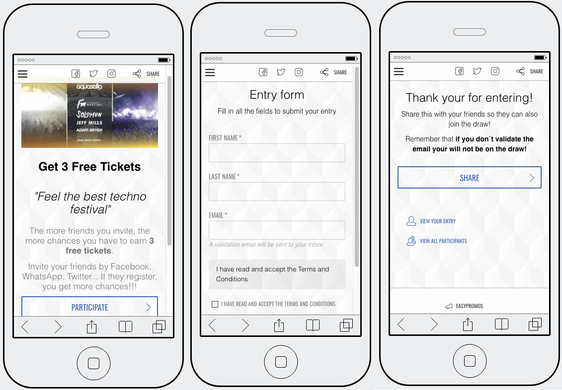 Example of a festival promotion to collect contact details. 3 mobile screenshots show the homepage of the contest, advertizing 3 free tickets; the entry form, asking for full name and email address; and a thank you page which reminds users to validate their email address to confirm consent.