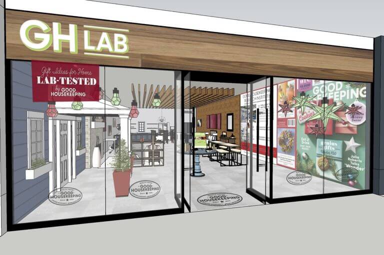 Artist's projection of Good Housekeeping pop-up store for experiential retail with Amazon