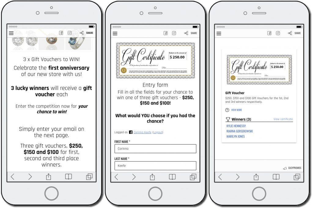 3 screenshots from a jewelry promotion on a mobile device. 1: there are 3 gift vouchers available to win. 2: users complete a form with their full name and email address. 3: the winners are announced.