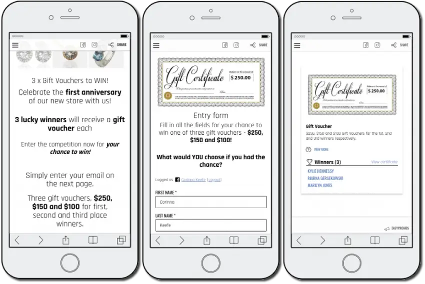 3 screenshots from a jewelry promotion on a mobile device. 1: there are 3 gift vouchers available to win. 2: users complete a form with their full name and email address. 3: the winners are announced.