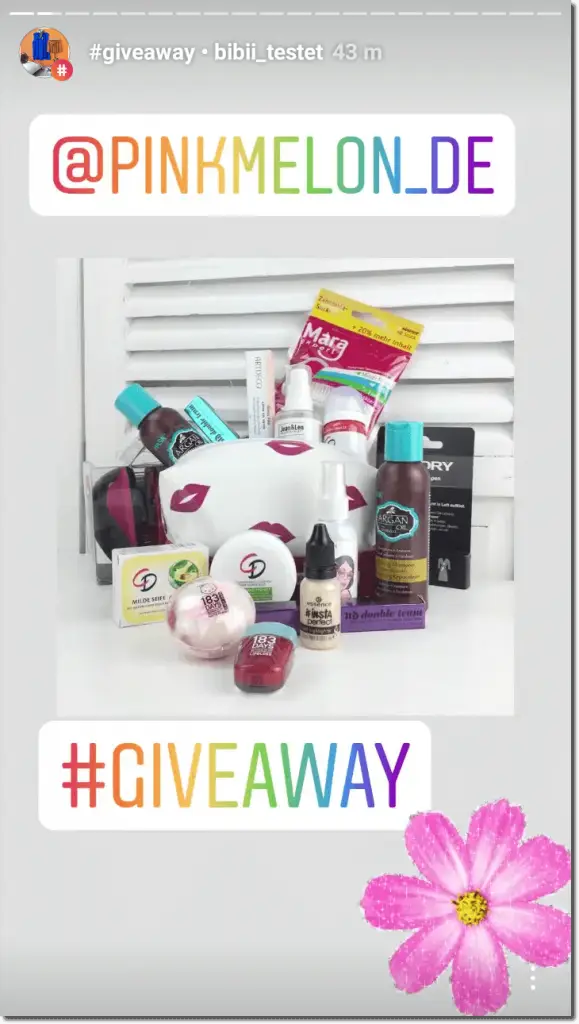 Screenshot of an Instagram Story announcing a giveaway. The Story shows an image and link to the giveaway post on the organizer's profile. It's marked up with hashtags, a mention of the co-sponsoring brand, and a pink flower sticker.