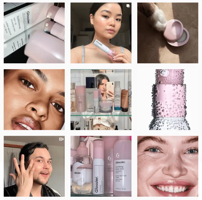 Screenshot of the Glossier Instagram grid. Their posts range from product shots to user-generated content, videos, and even cat photos.