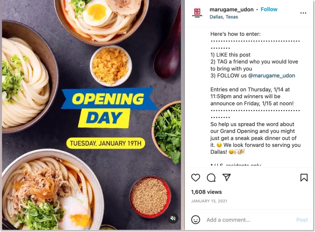 Marugame Udon opening. Social media promotions for food or drink business