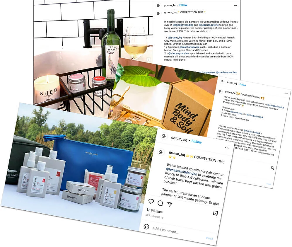 how to promote beauty products online: example of how to promote cosmetics on social media. screenshots of giveaways organized by Gruum in collaboration with like-minded brands.