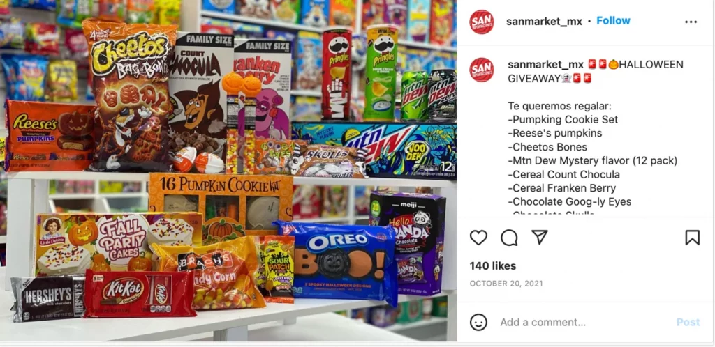 Instagram giveaway idea for Halloween for supermarkets. Giveaway of snacks and candy for Halloween
