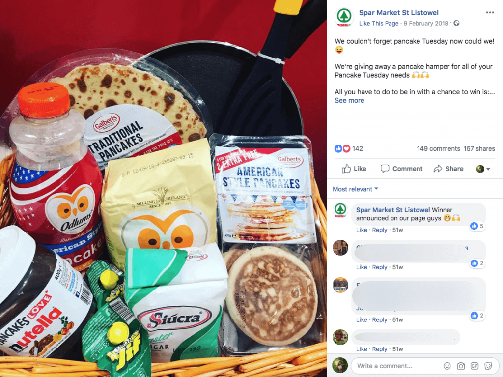 A Pancake Day giveaway post on Facebook. The image shows a hamper full of hamper ingredients, and the image caption describes how to enter.