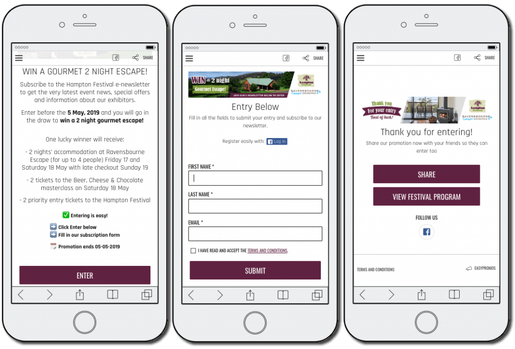 The image shows 3 mobile screenshots. 1: explains that users must subscribe to the Hampton Festival newsletter to join the prize draw. 2: an entry form asks for users' full name and email address. 3: the festival thanks users for entering, and invites them to share on social media or view the festival program with direct buttons.