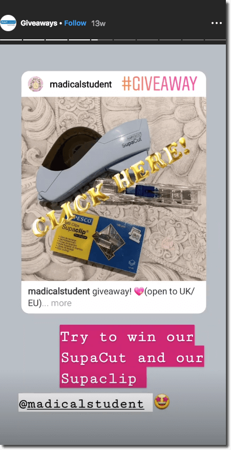 Screenshot of an Instagram Story with the hashtag "giveaway".