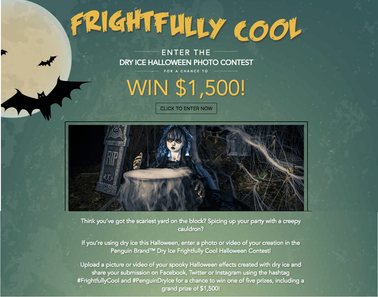 Banner from a Halloween photo contest. The main image shows a witch bending over a cauldron full of dry ice.