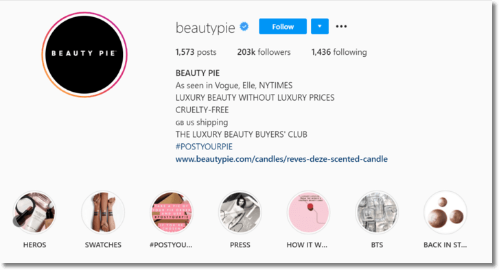 Screenshot of the Beauty Pie Instagram account. This brand has a note in their bio, cueing followers to post UGC with the hashtag "Post Your Pie". Their story highlights include a category labelled "Post Your Pie", where the brand features UGC regularly.