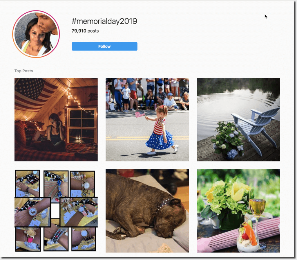 Screenshot of search results for the hashtag "Memorial Day 2019" on Instagram. Posts include flags, Memorial Day parades, a scene of a chair beside a lake, and photos of a summer lunch outdoors.