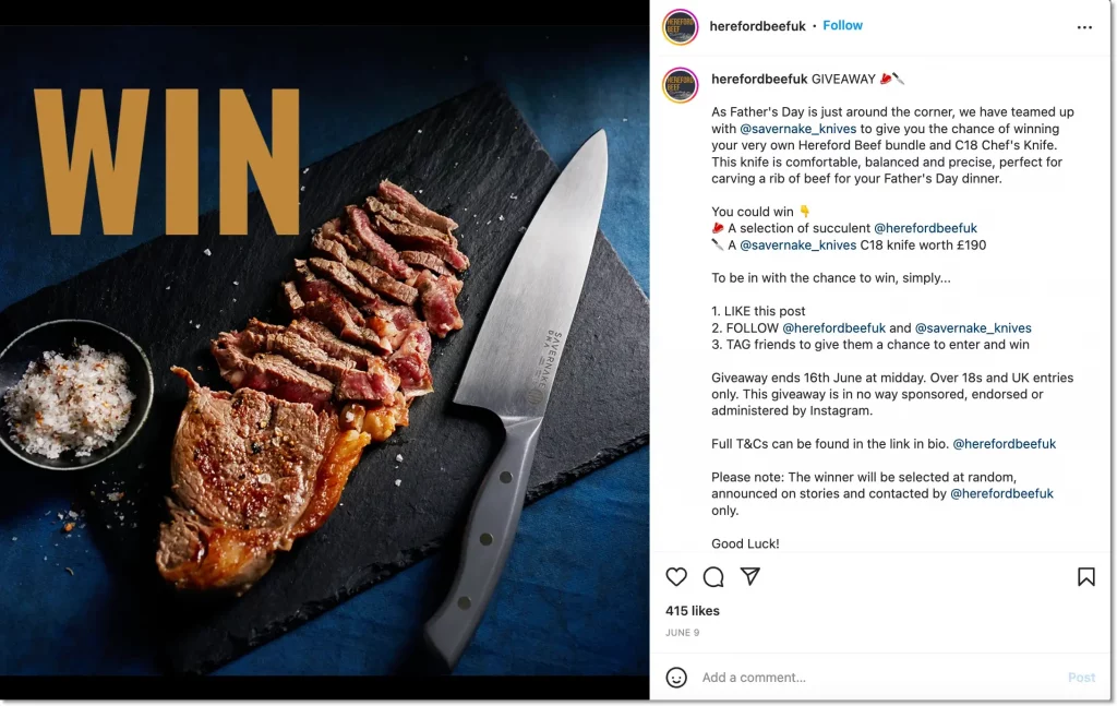 instagram food brand giveaway to promote the food and drink business on social media