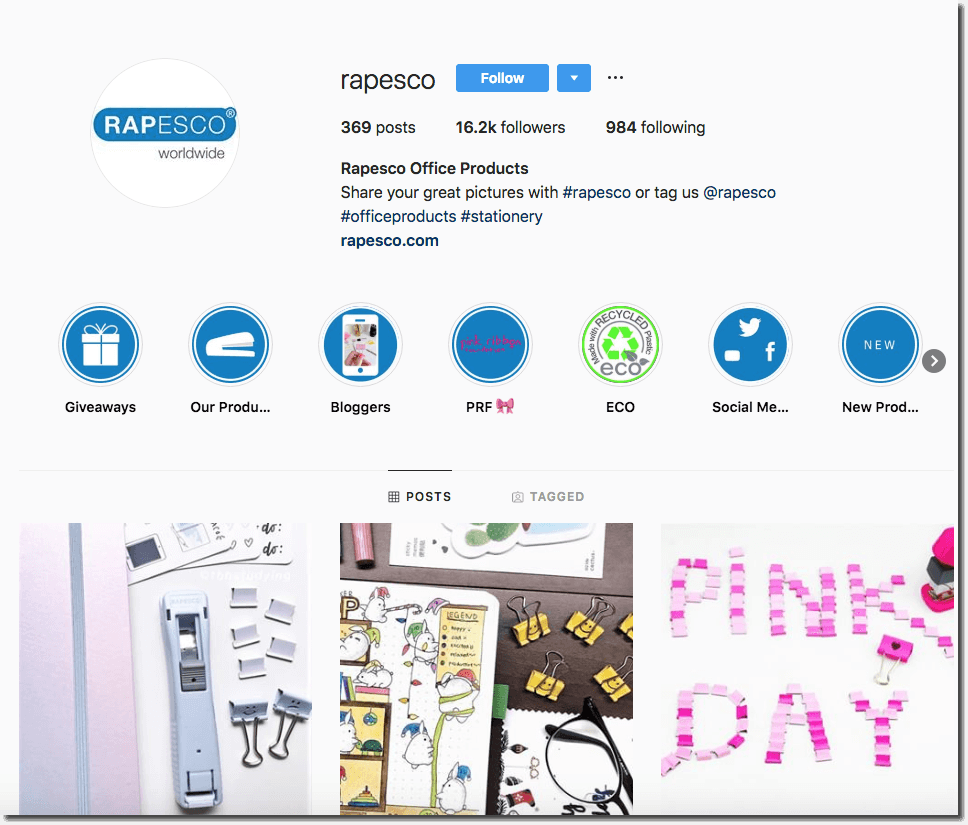 Screenshot of the Rapesco Instagram page, showing their giveaway Stories saved in a Highlights tab.