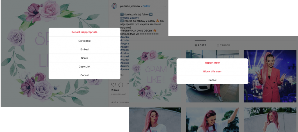 Screenshots of how to report a post and report a user on Instagram.