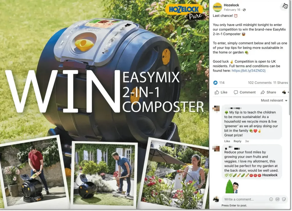 Facebook giveaway with comments by Hozelock.